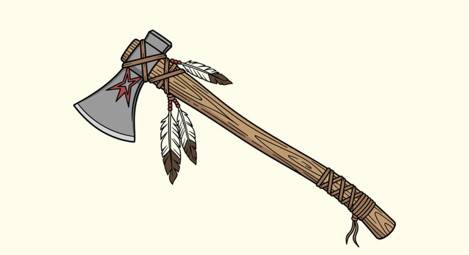Detailed illustration of a traditional Native American tomahawk featuring a wooden handle, metal blade, and decorative feathers.