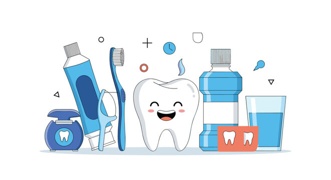 Dental care and hygiene concept featuring smiling happy tooth surrounded by toothbrush toothpaste floss mouthwash and healthy teeth symbols.