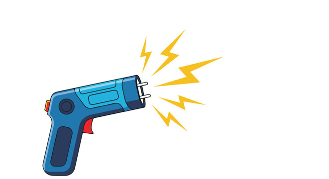 Blue taser electroshock weapon discharging electric sparks for security self defense and law enforcement use against white background.