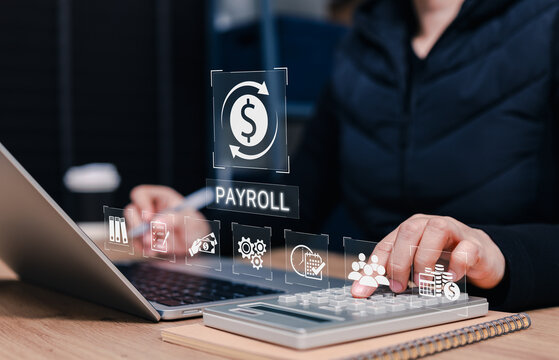 Payroll management software concept. digital payroll automation, salary processing system, payment, pay slip, employee record, tax accounting, HR finance, compliance workflow, business expense control
