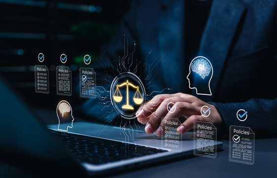 Artificial intelligence ethics and legal policy compliance concept. Lawyer using laptop with icons of scales of justice, human head with AI brain circuit, regulations document, ethical governance,
