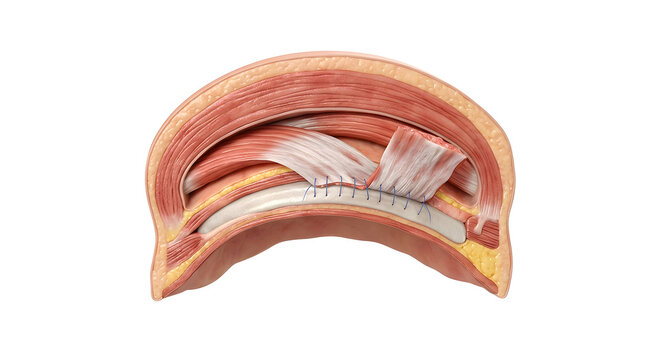 Detailed 3D Medical Render of Eyelid Anatomy and Ptosis Levator Aponeurosis Resection Suture, suitable for science education, isolated on a white background