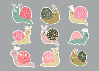 Cute snails sticker set. Hand drawn collection of funny garden snail characters with patterns, hearts and crown  © Helga KOV