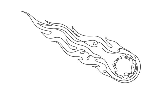 A minimalist vector graphic illustration featuring a stylized burning comet with flowing flame trails rendered in a simple line art