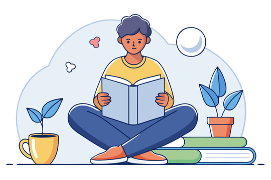 Young man sitting cross-legged reading a book in a cozy and peaceful study environment