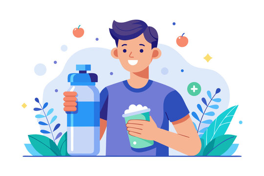 Happy young man holding water bottle and healthy drink for fitness and wellness lifestyle