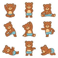 Obraz premium A collection of cute brown teddy bears performing various fitness exercises and yoga poses