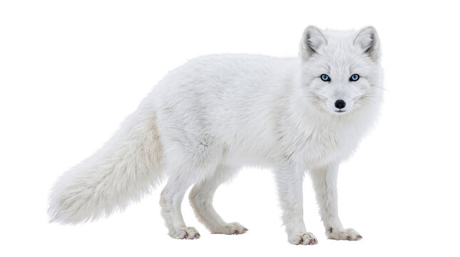 Full body portrait of a majestic arctic fox with striking blue eyes standing isolated against a clean white background in winter wildlife photography
