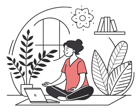 Woman practicing meditation and mindfulness at home with a laptop in a cozy room