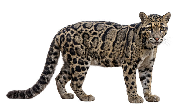 Full body shot of a clouded leopard standing on a white background, showcasing its unique cloud-like spot patterns and wild feline features