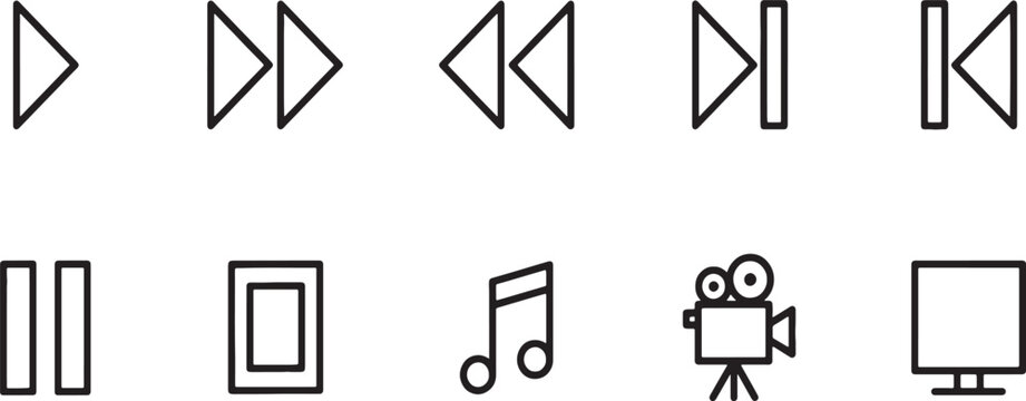 Media player control buttons and audio video entertainment icons set outline vector illustration art. Vector illustration