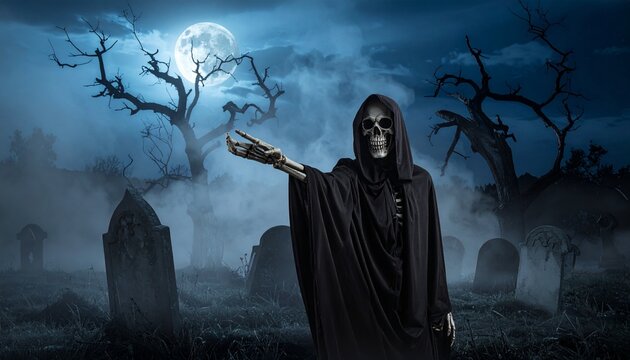 Grim Reaper skeleton in graveyard with tombstones, fog, and eerie moonlit atmosphere