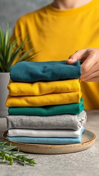 A person in a yellow shirt organizes a neat stack of colorful folded garments on a ceramic tray against a soft background.