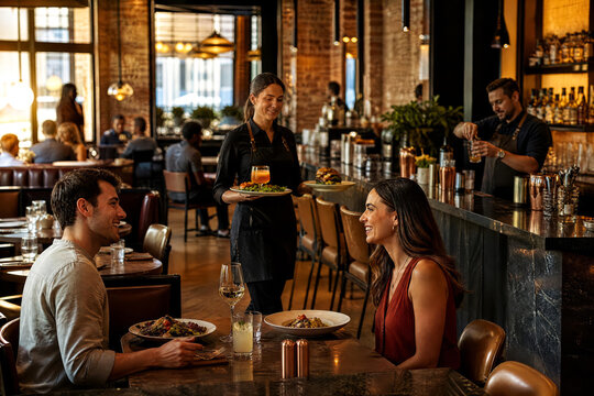 Fine Dining Young Couple Enjoying Dinner In Lively Modern Restaurant With Natural Restaurant Colors