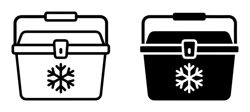 Black and white cooler box icons, snowflake design, vector graphics, outdoor and travel illustrations