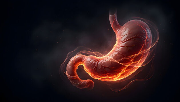 Human stomach anatomy illustration wrapped in glowing energy veins showing internal digestive pain, burning heartburn, or inflammation medical concept on dark abstract background.
