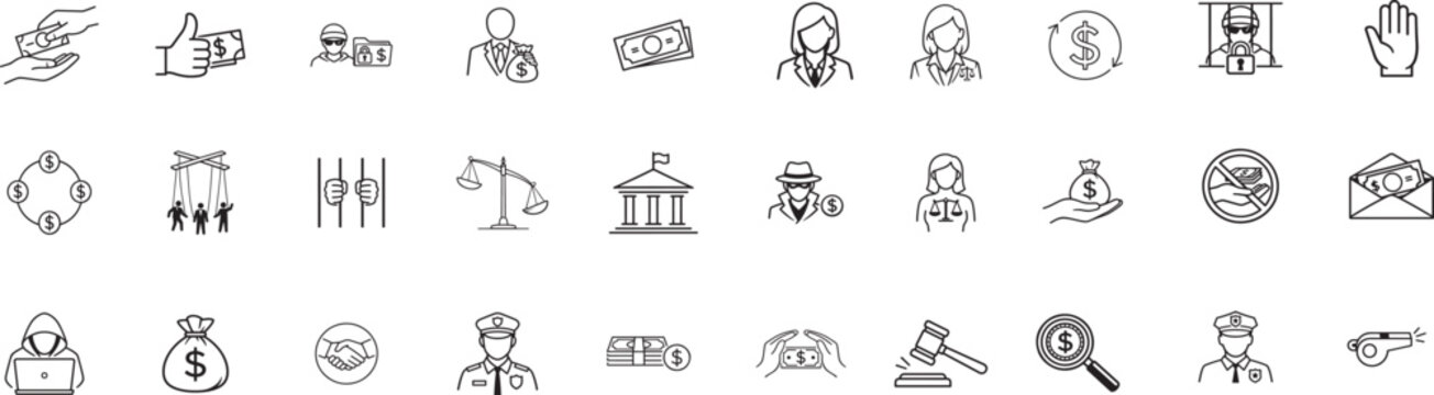 Corruption line icon set with editable stroke for law, ethics, fraud, bribery and legal compliance use.