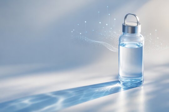 Transparent Bottle with Blue Fluid Shadows and Data Points