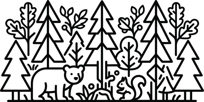 Black and white line art illustration of a cute bear and squirrel in a pine forest