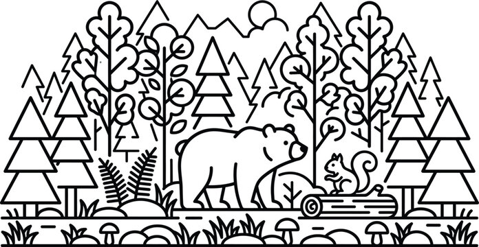 Black and white line art illustration of a bear and squirrel in a forest landscape for coloring page design