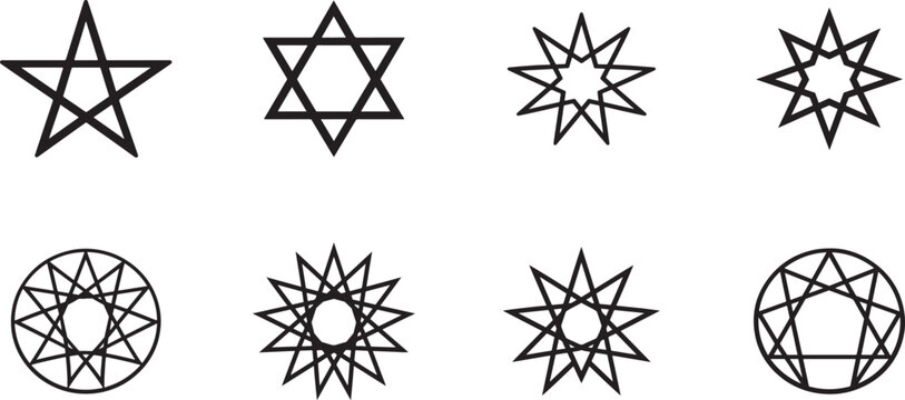 Vector illustration of star polygons set in flat style, isolated on white background for education poster.