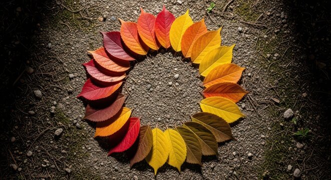 Beautiful seasonal arrangement of fallen autumn leaves forming a perfect circle or ring shape on a textured ground surface, bright, geometric, background