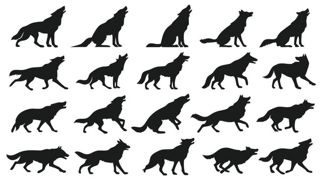 Vector illustration set of wolf silhouettes in various poses
