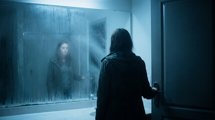 Obraz premium Woman opening a bathroom door while confronting a mysterious reflection in a fogged mirror