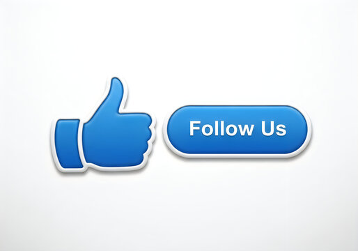 Blue thumbs up and a rounded rectangular button with the white text follow us, isolated on a plain light gray background