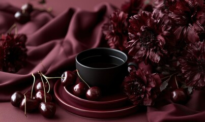 Fototapeta premium Dark cherry fruits, black cup, red chrysanthemums