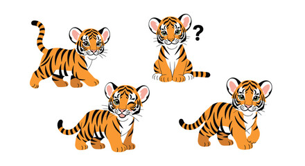 Fototapeta premium Set of four cute tiger cub characters in different poses like walking sitting and winking for educational children materials.