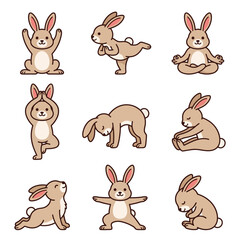 Fototapeta premium A collection of cute cartoon rabbits performing various yoga poses on a white background