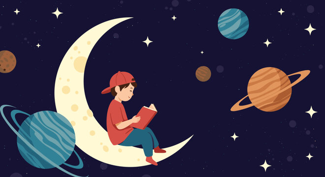 Young boy wearing a red cap sits comfortably on a bright crescent moon and reads a book while exploring the vast wonders of outer space.