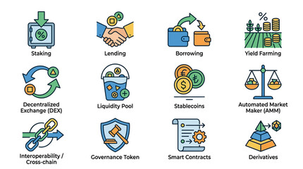 Fototapeta premium A collection of colorful digital finance and decentralized technology icons