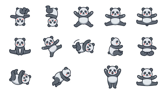 A collection of cute cartoon panda bears in various playful poses
