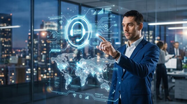 Businessman hand hold customer support, service desk, help center, IT assistance, complaint resolution, live agents, support automation, multi-channel service, problem solving, client success. 