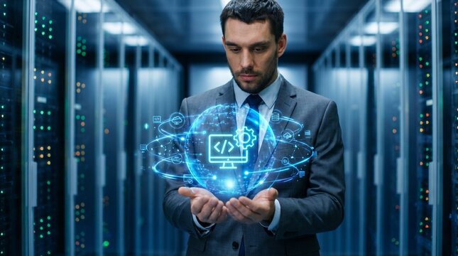 Businessman hand hold software development, application design, coding frameworks, agile methodologies, cloud deployment, API integration, DevOps workflows, testing automation, mobile apps