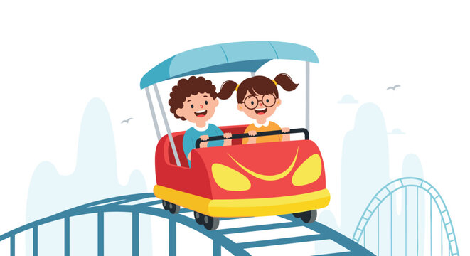 Two happy children enjoying a thrilling ride on a colorful roller coaster at an amusement park with scenic mountains behind.
