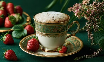 Fototapeta premium Elegant tea cup with foam, surrounded by strawberries and flowers
