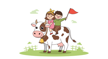 Naklejka premium Two happy children riding on the back of a friendly spotted cow in a green field with a red flag and a bell around the animal's neck.