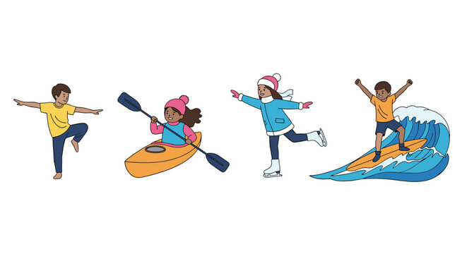 Set of children characters participating in various sports activities including dancing, kayaking, ice skating, and surfing on ocean waves.