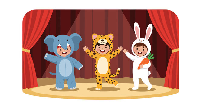 Three cute children wearing elephant, leopard, and rabbit animal costumes performing on a theater stage with red curtains and spotlight.
