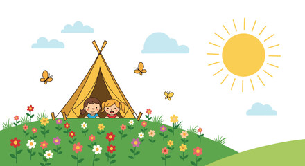 Obraz premium Two young girls peeking out from a yellow teepee tent set on a beautiful green flowery hill under a bright sun for a summer camping trip.