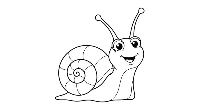 Smiling snail with a spiral shell shown as a black and white line drawing for a creative children's coloring activity.