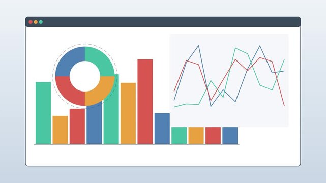 Business data analytics dashboard with animated bar charts, pie graphs, and line trends for financial reporting and performance animation 4k
