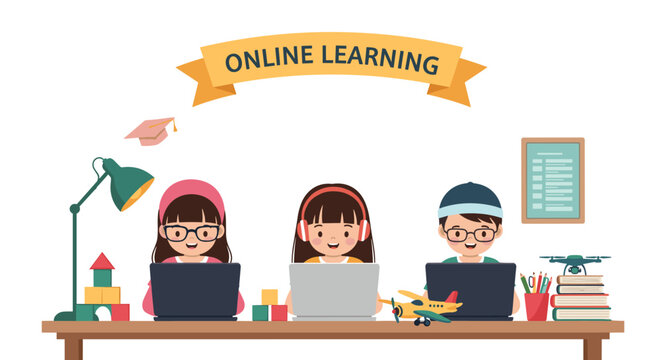 Group of children wearing headphones and sitting at a desk while using laptops for an online learning session.