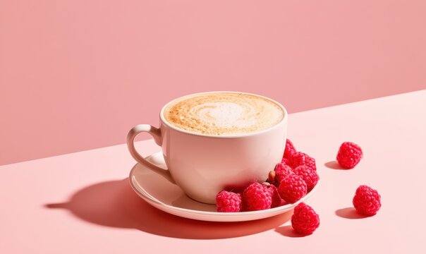 Cup of cappuccino beside fresh raspberries on pink surface