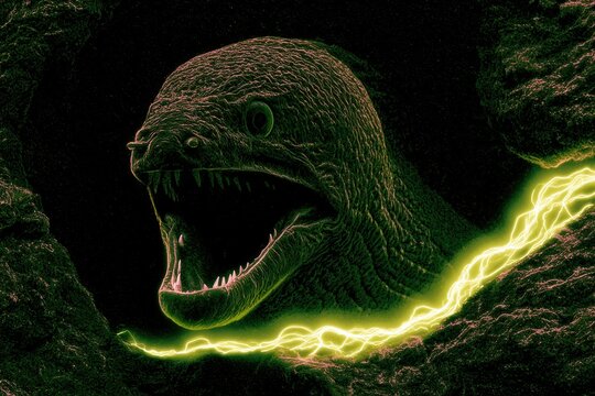 Electric white teeth are visible as the moray eels body glows green or yellow in the dark rocky crevice.