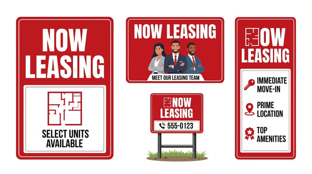 Vector signs advertising Now Leasing with phone number on grassy field