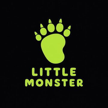 Green cute little monster paw print logo with claws for Halloween, spooky beast footprint icon on black background